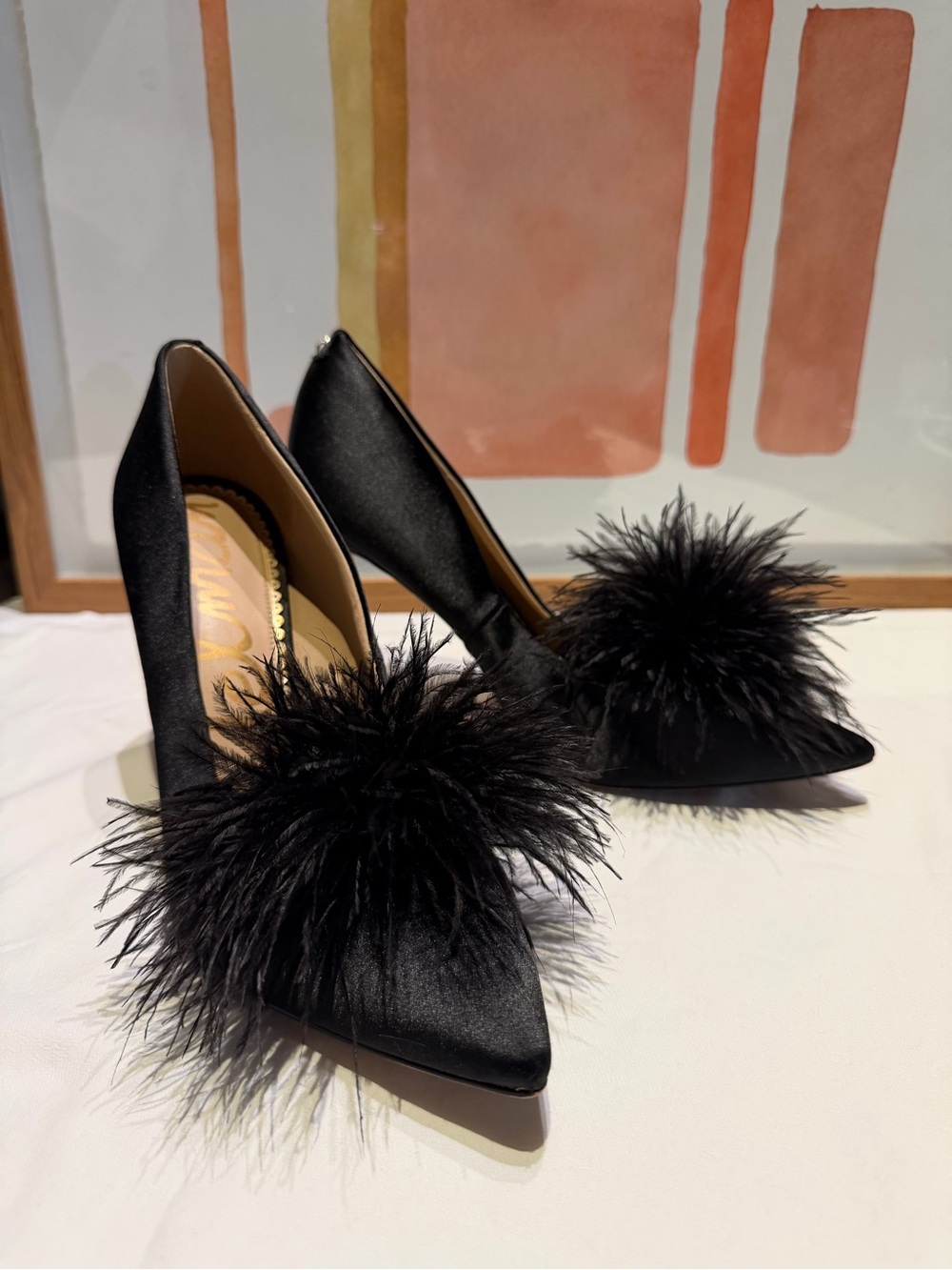 Sam Edelman Black Satin Pointed Toe Pumps Ostrich Feather Trim Size 9